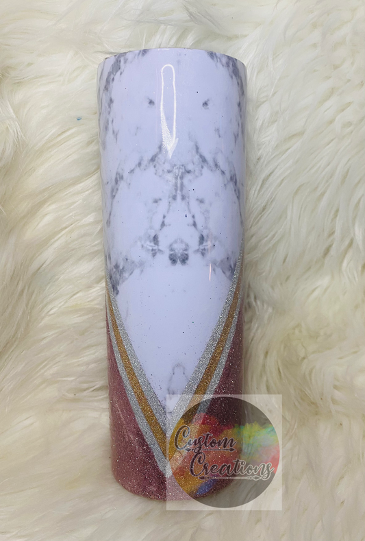 20 Ounce Skinny Tumbler Rose Gold Marble V Epoxied with Added Glitter