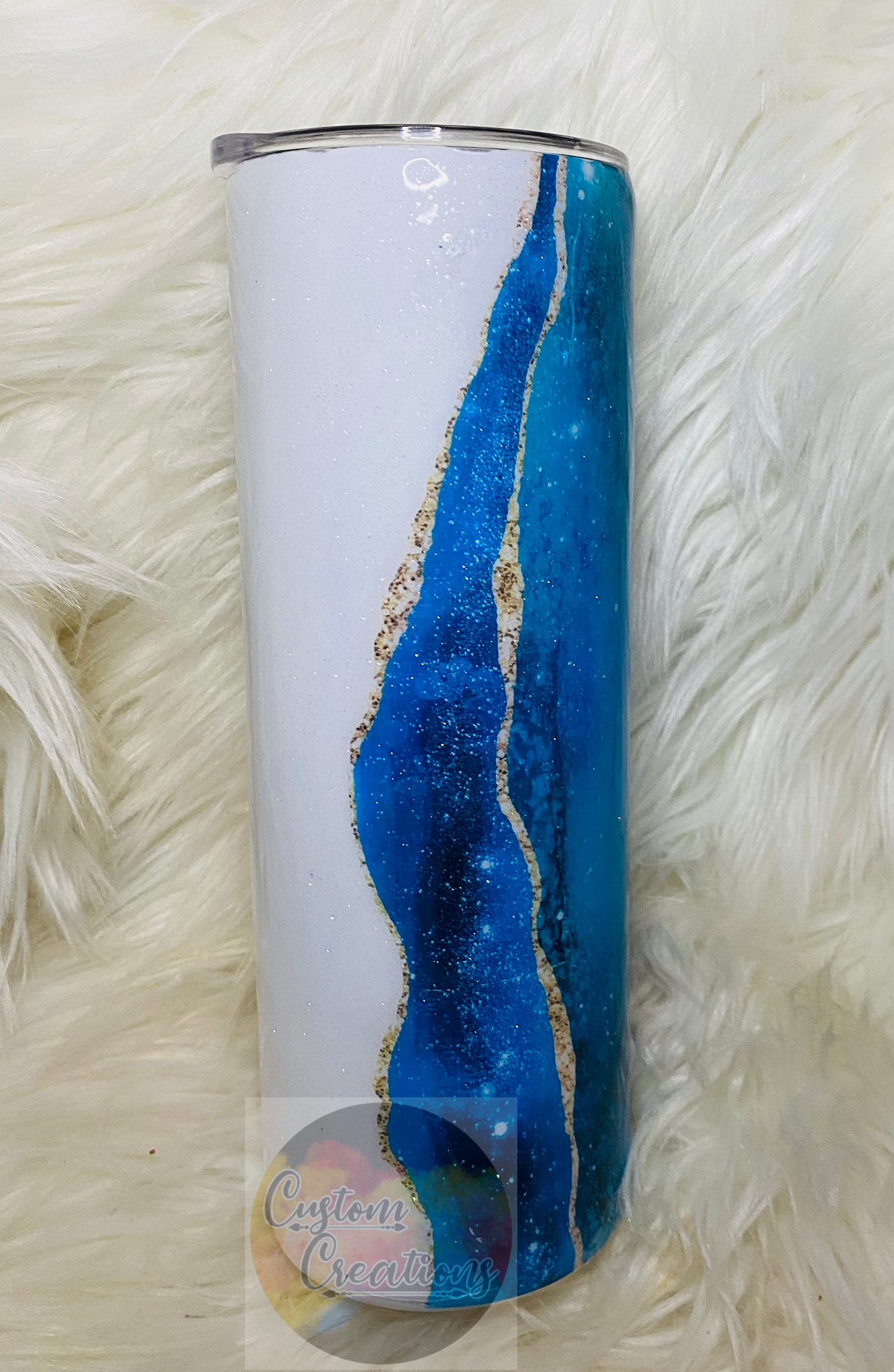 20/30 Ounce Skinny Sublimation Tumbler Blue Glitter with Gold Foil