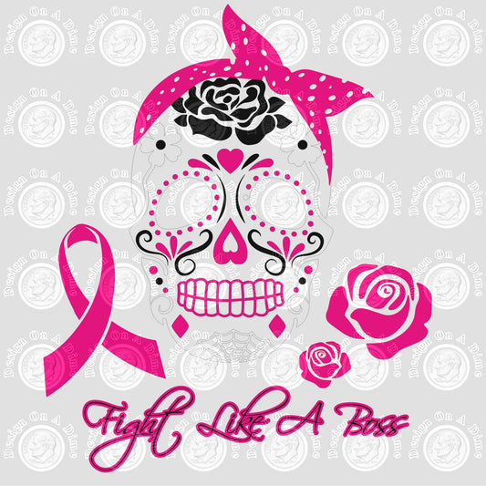 Breast Cancer Fight Like a Boss Sugar Skull Pink 3.5" Clear Laser Printed Waterslide