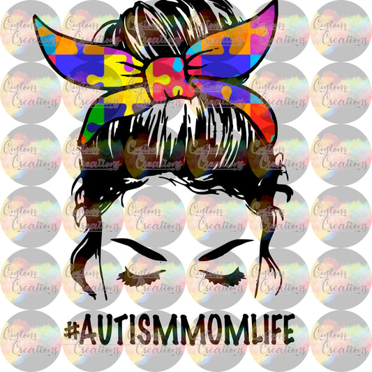 Autism Mom Life Hash Tag Messy Bun Puzzle Piece Print 3.5" Clear Laser Printed Waterslide