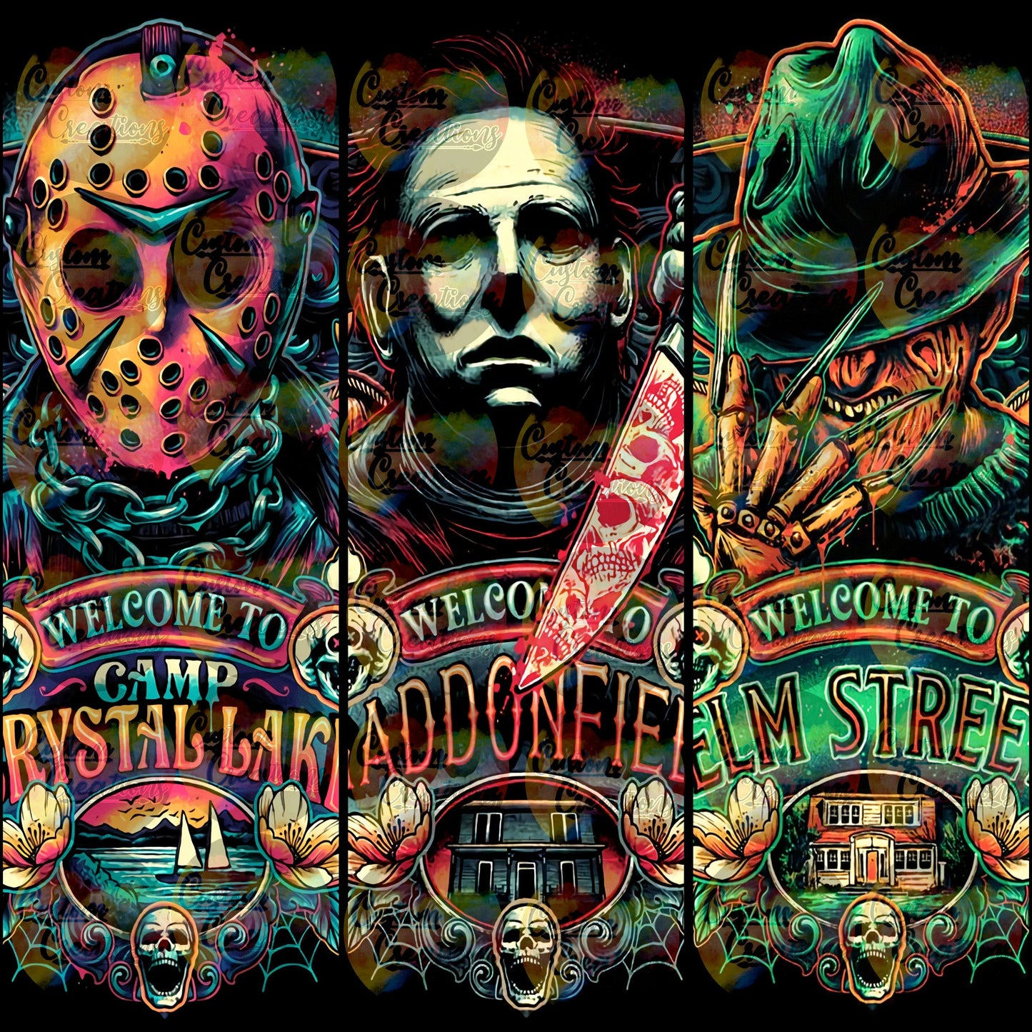 Spooky Trio Horror Halloween Scary Sublimation Transfer For Skinny Non Taper Tumbler Ready To Press