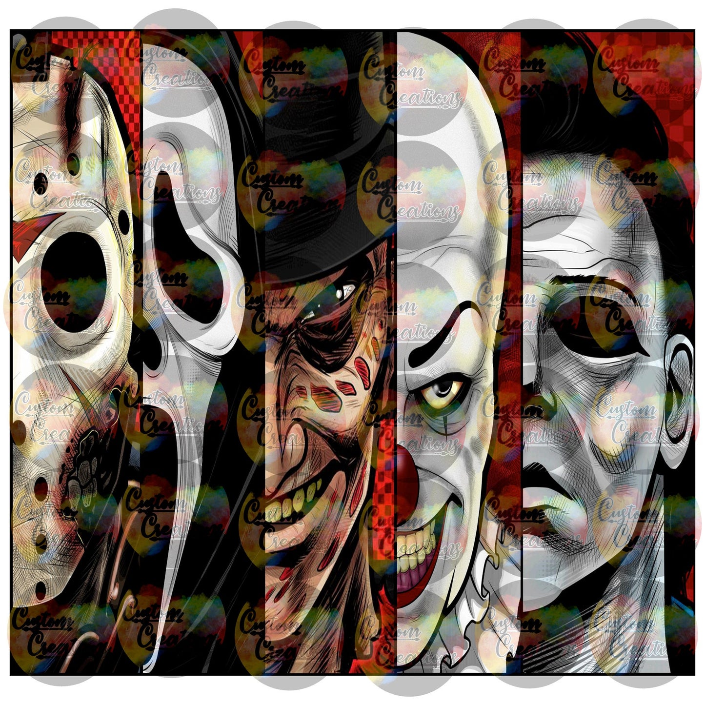 Masks of Horror Faces Blood Gore Halloween Sublimation Transfer For Skinny Non Taper Tumbler Ready To Press