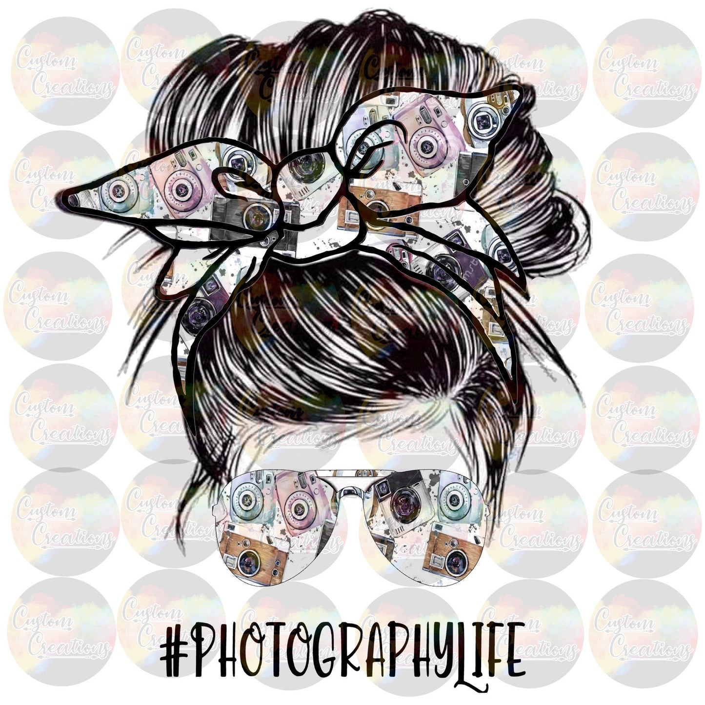 Photography Life Messy Bun Cameras Pictures Print 3.5" Clear Laser Printed Waterslide