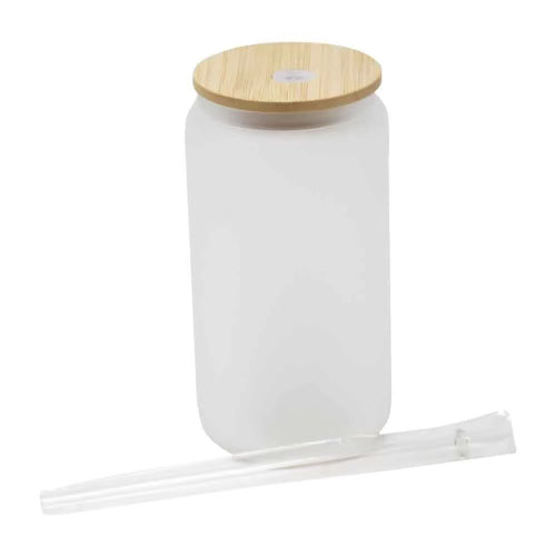 16 Ounce Sublimation Frosted Glass Cup with Bamboo Top & Straw
