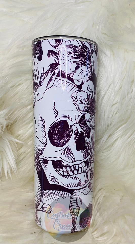 20 Ounce Skinny Sublimation Tumbler Skull and Flowers Black and Gray