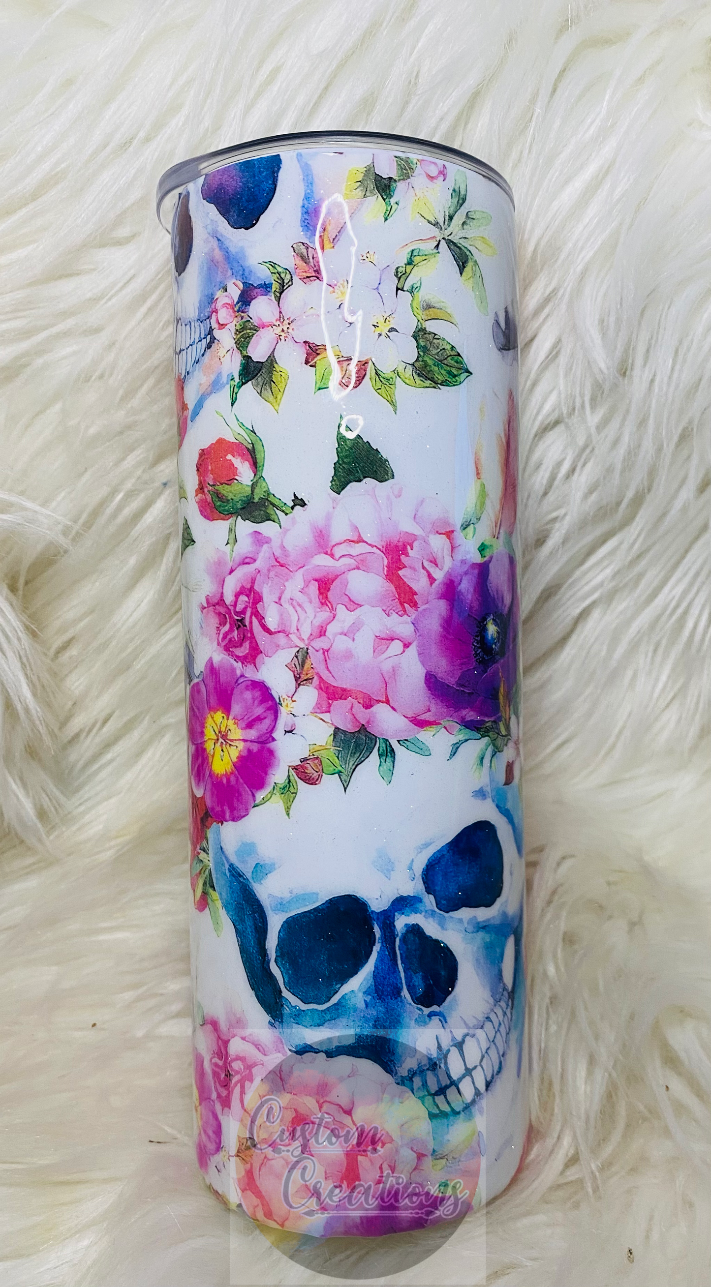 20 Ounce Skinny Tumbler Skull and Flowers Epoxied with Added Glitter