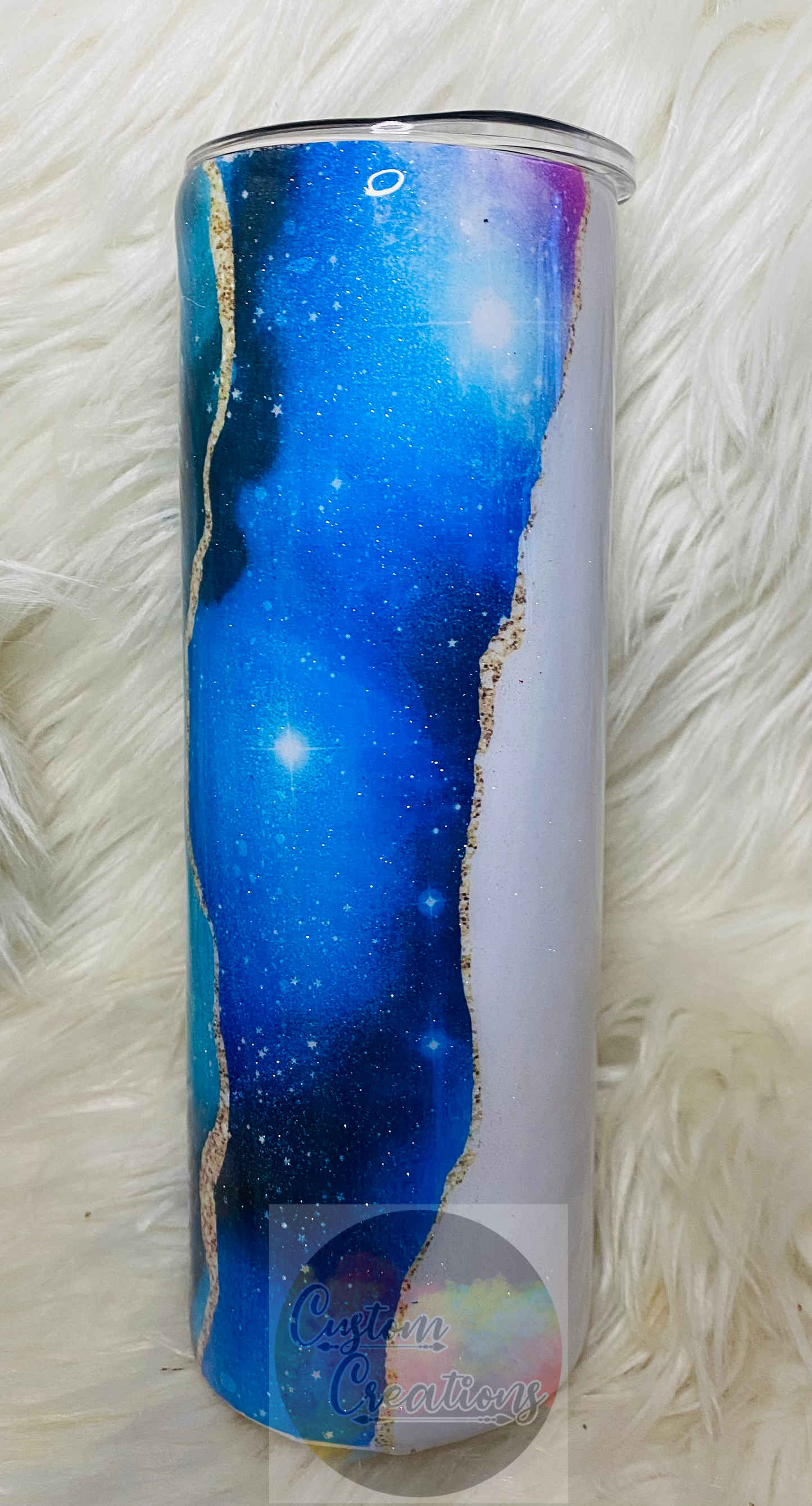 20/30 Ounce Skinny Sublimation Tumbler Blue Glitter with Gold Foil