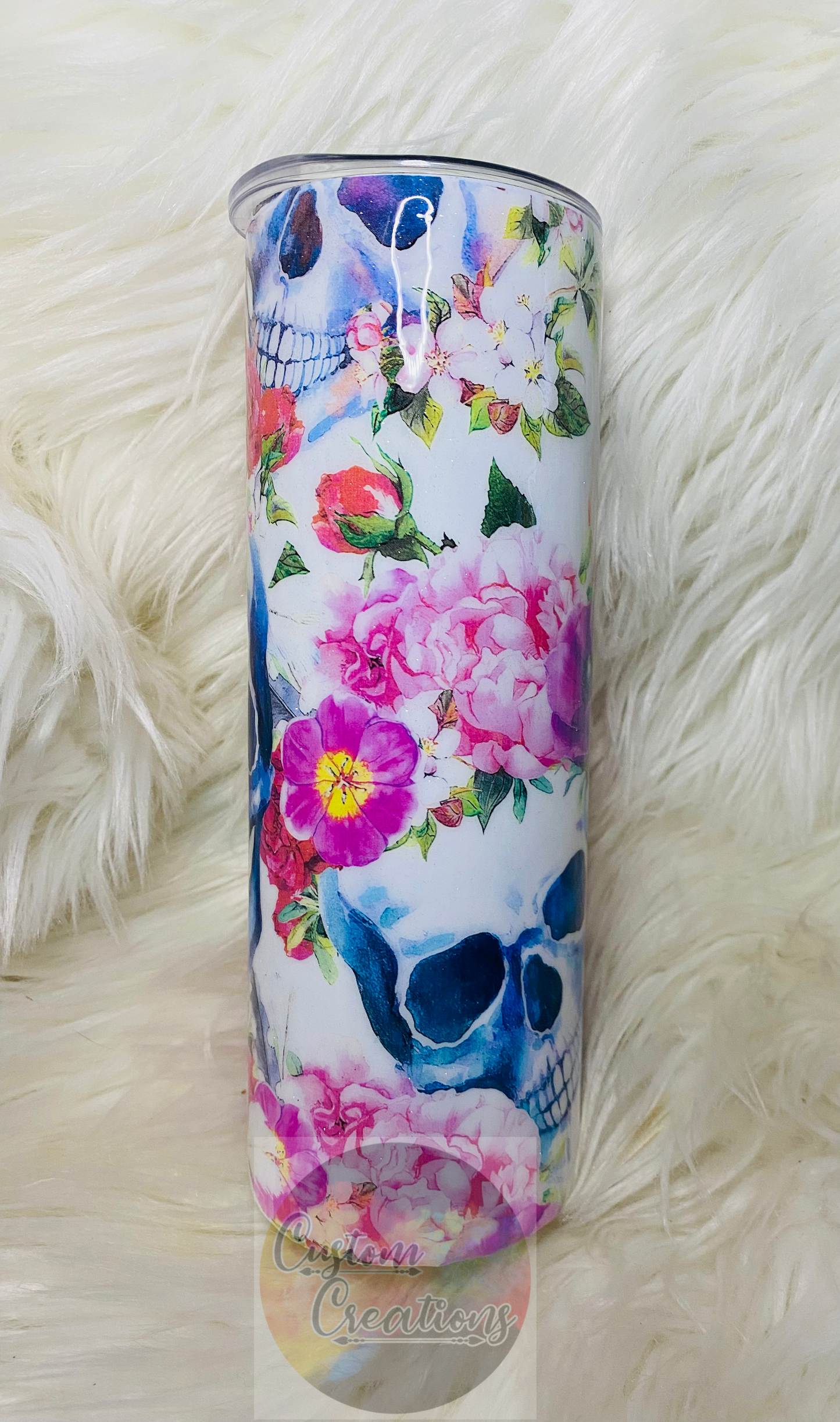 20 Ounce Skinny Tumbler Skull and Flowers Epoxied with Added Glitter