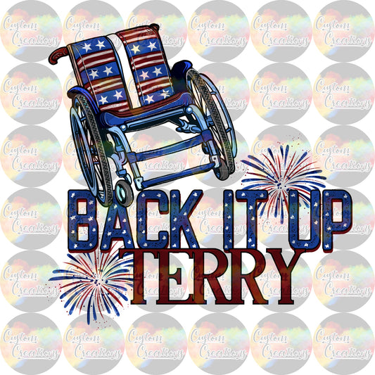 Back it Up Terry Wheel Chair Fourth of July Red White Blue Print Sublimation Transfer Ready To Press