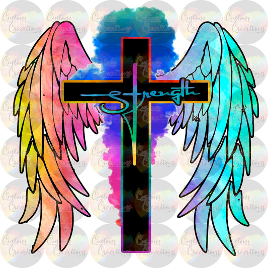 Strength Wings Cross Rainbow Smoke Print Sublimation Transfer Ready To Press