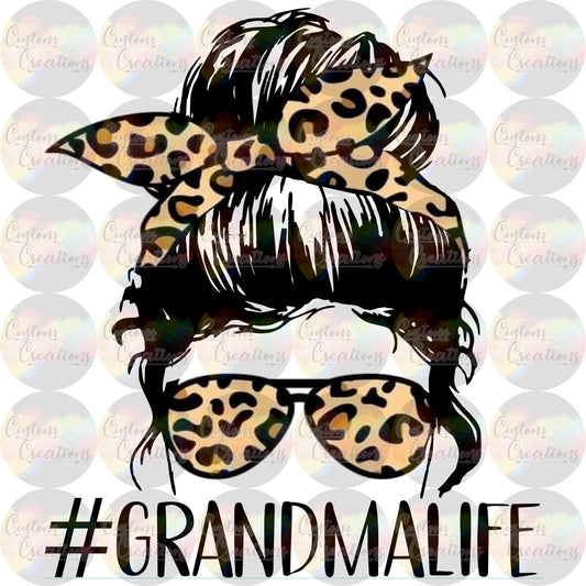 Grandma Life Leopard Head Messy Bun Print Sublimation Transfer Ready To Press