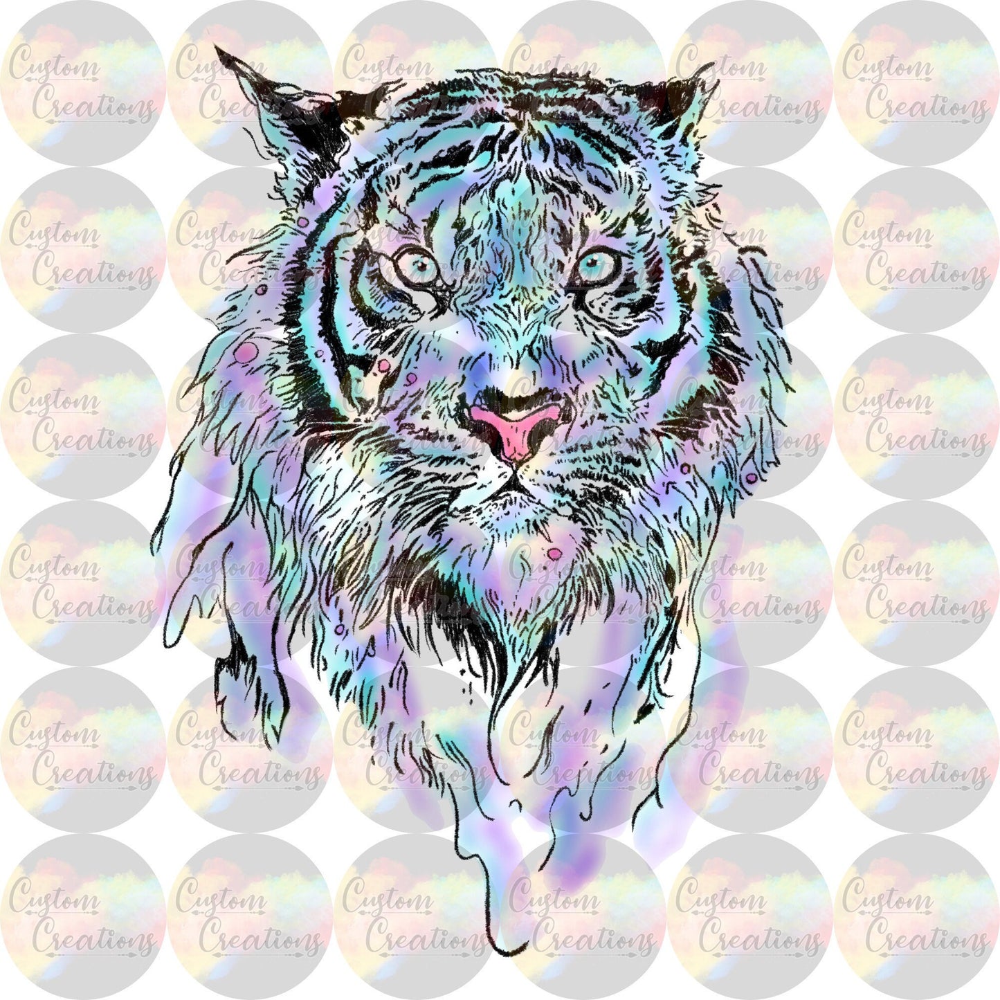 Watercolor Tiger Purple Blue Teal Drawn Digital Download File PNG JPEG