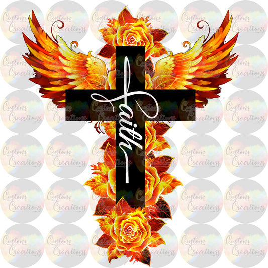 Faith Cross Fire Wings and Roses  Print 3.5" Clear Laser Printed Waterslide