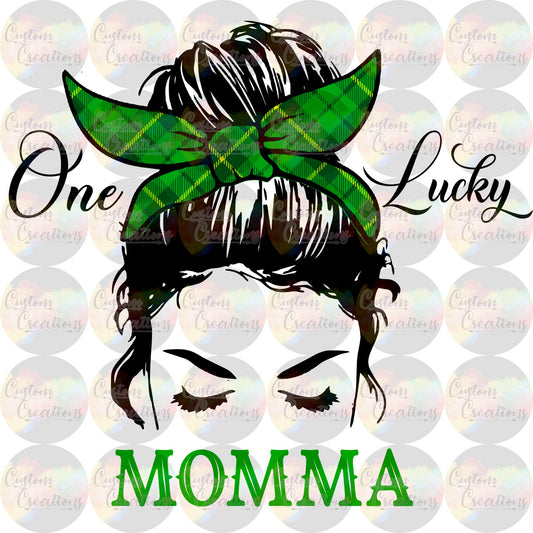One Lucky Momma Messy Bun Green Plaid Clover Digital Download File PNG