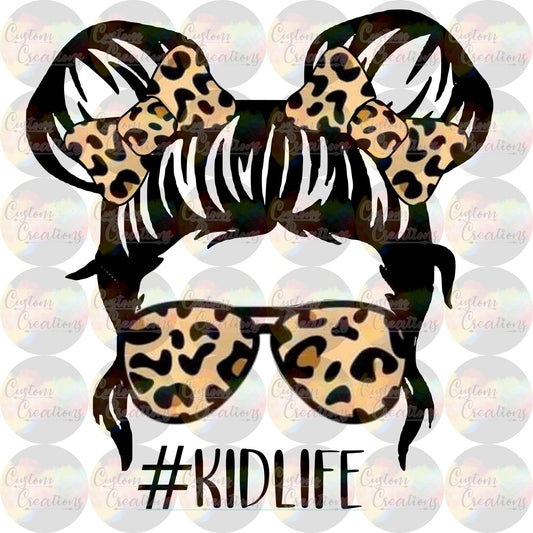 Kid Life Leopard Head Messy Bun Print Sublimation Transfer Ready To Press