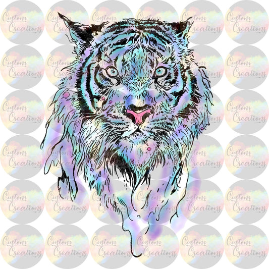 Watercolor Purple Blue Teal Tiger Drawn Print 3.5" Clear Laser Printed Waterslide