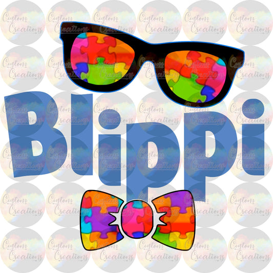 Autism Blippi Symbol Glasses Bowtie Puzzle Autistic Colorful Digital Download File PNG