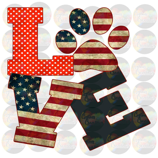 Love Paw Print American Flag Red White Blue Stars Holiday Patriotic Sublimation Transfer Ready To Press