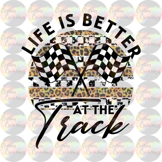 Life Is Better At The Track with Cheetah Print and Racing Flag 3.5" Clear Laser Printed Waterslide