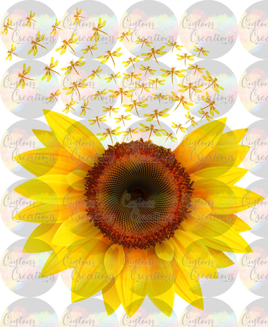 Sunflower with Dragonflies Coming Out Sublimation Transfer Ready To Press