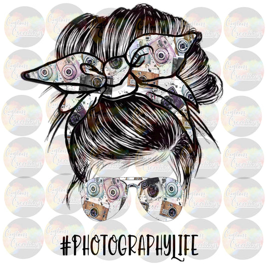 Photography Life Messy Bun Cameras Pictures Print 3.5" Clear Laser Printed Waterslide