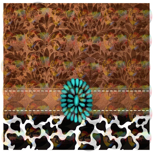 Leather and Cow Print Rustic Floral Pattern Turquoise Rancher Sublimation Transfer For Skinny Non Taper Tumbler Ready To Press