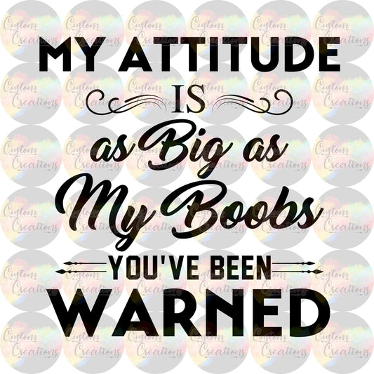 My Attitude Is As Big As My Boobs You've Been Warned 3.5" Clear Laser Printed Waterslide